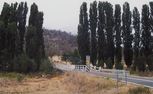 Bridge on Naas Road over the Gudgenby River. The River is lined by poplar trees. View is to the south.