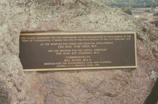 Commemoration plaque to mark the 20th anniversary of the inauguration of Tuggeranong on 21 February 1973.