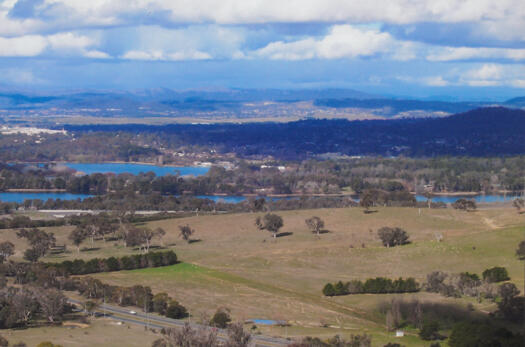 View south east from Mt Painter over Comrie trig, Lake Burley Griffin, Weston Park to Yarralumla
