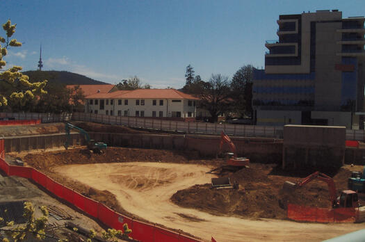 View of the Hotel Acton from pedestrian bridge at the end of Marcus Clarke Street