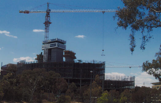 Office building under construction on Marcus Clarke Street at Section 61, Civic from the other side of Marcus Clarke Street