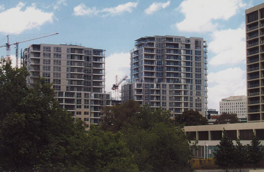 Metropolitan Apartments, Edinburgh Avenue, Civic from south on the pedestrian bridge at the end of Marcus Clarke Street.