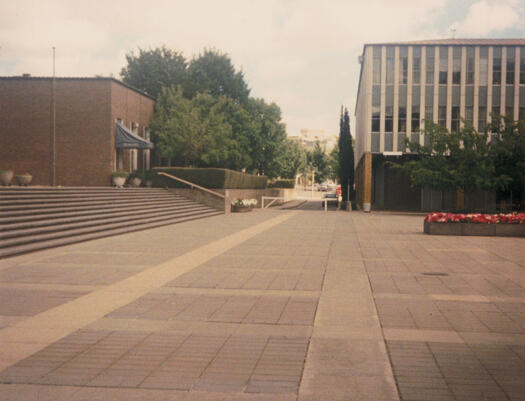 View of Civic Square looking north, Playhouse at left, North Building at right.