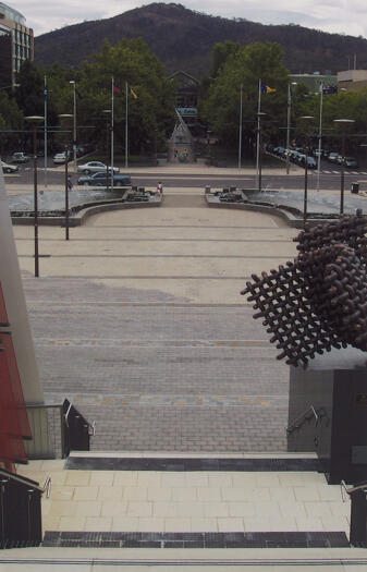 Steps at the rear of Civic Square to ACT Memorial, Ainslie Place, Canberra Centre and Mt Ainslie at rear