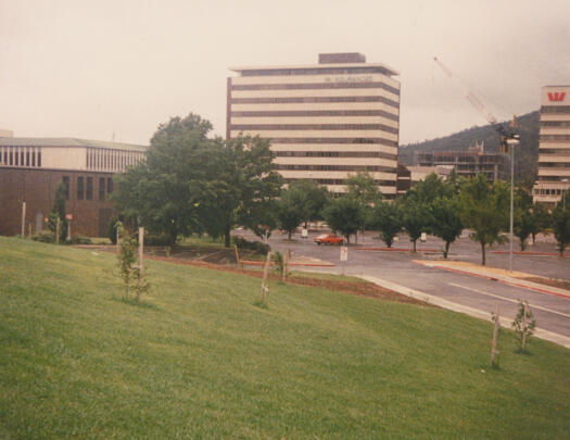 Slopes of City Hill towards South Building and car park.