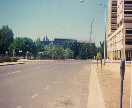 View down Bunda Street to Glebe Park. Construction of hotel under way near Glebe Park