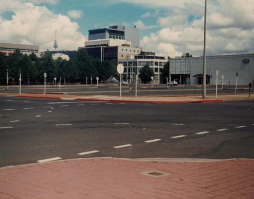 View across Bunda Street / Akuna Street intersection to Section 38 car park in Civic.