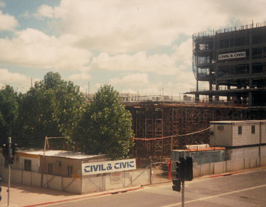 Construction work on part of Section 38, now Myers in the Canberra Centre. View from the Boulevard across Akuna Street.