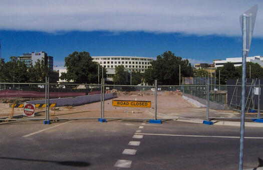 View from internal road of Bunda Street car park along old pedestrian path to Garema Place