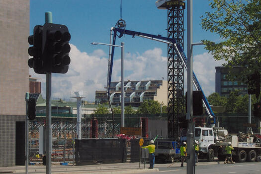 View across Ballumbir Street south west over Canberra Centre extensions on the Bunda Street car park