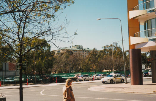 View from Moore Street to old Graduate House site on corner of Barry Drive and Northbourne Avenue