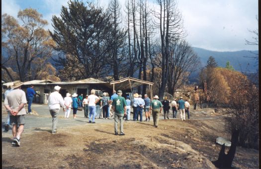 Collection of 24 photographs taken around the Tidbinbilla Nature Reserve, Nil Desperandum, Rock Valley and Flints Picnic Ground showing the aftermath of the fires of 17-18 January 2003.
Members of the Tidbinbilla Pioneers Association were shown around the area shortly after the fires.