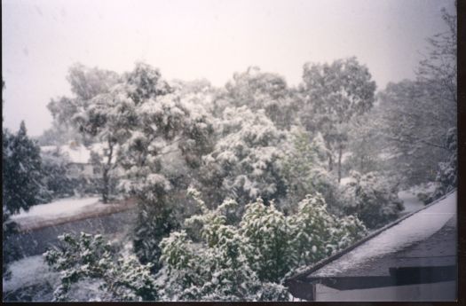 Unidentified scene showing snow falling on a street with the roof of a house visible.