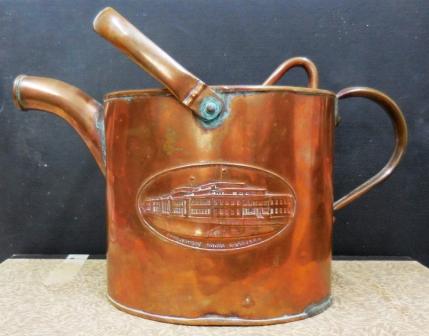 Copper hot water can with pressed image of Parliament House, handle, No.628911 or 628977, 4 Pint stamped on bottom
