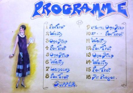 Programme of dances at the Hotel Canberra includes a colour sketch of a woman in 1920s style dress and hair. Cardboard in plastic sleeve, 33cm x 43cm.
