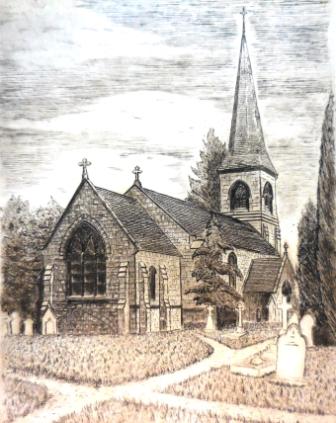 Sketch looking from the north east over the churchyard and church of St John the Baptist. 