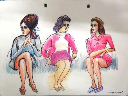 Colour sketch of three women sitting c1960s