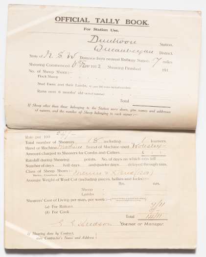 This page shows the distance from nearest railway station, the rate paid per 100 sheep, number of shearers, use of Wolseley machines. 1200 merinos and cross bred sheep. Sheering commenced on 6 November 1912. Signed by the station manager Mr EE Hudson.