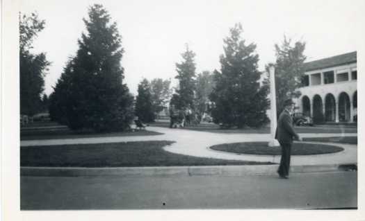 Man walking past the median strip of Northbourne Avenue. The Melbourne Building is in the background.