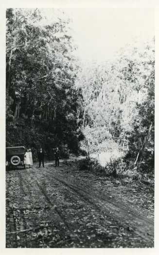 Two men and two women standing next to a car on a dirt road
