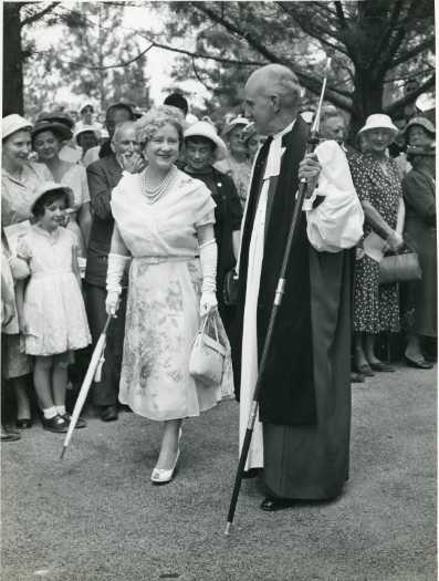 Queen Elizabeth, the Queen Mother with Bishop Gordon Arthur during her 1958 visit to Canberra