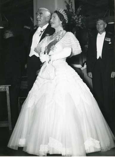 Queen Elizabeth, the Queen Mother with the Prime Minister, Robert G. Menzies, at the State Ball in King's Hall, Federal Parliament House, on February 26.