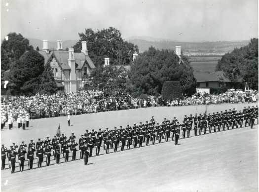 General view across the Parade Ground at the Royal Military College, Duntroon, near Canberra, on February 26 on the occasion of the dedication of the Queen's Bannerand its presentation to the Corps of Staff Cadets by Her Majesty Queen Elizabeth the Queen Mother. The banner was awarded to the College by Her Majesty Queen Elizabeth II during her visit in 1954.