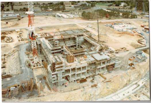 View from above of construction work on the House of Reps chamber, Parliament House looking to Forrest