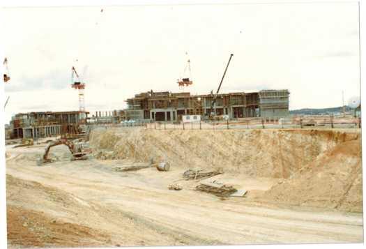Ground level view of construction work on Parliament House