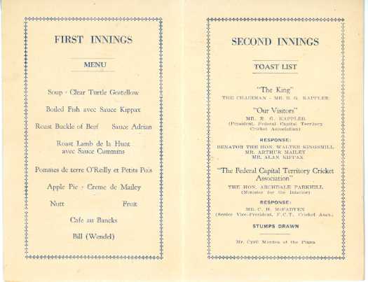 Menu for dinner held at the Hotel Kurrajong,  Canberra for Arthur Mailey's visiting team that played the Federal Capital Territory Cricket Association Team. Two copies - one with autographs.