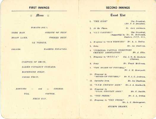 Dinner tendered for the visiting team of cricketers under the captaincy of Mr AA Mailey at the Hotel Kurrajong.
