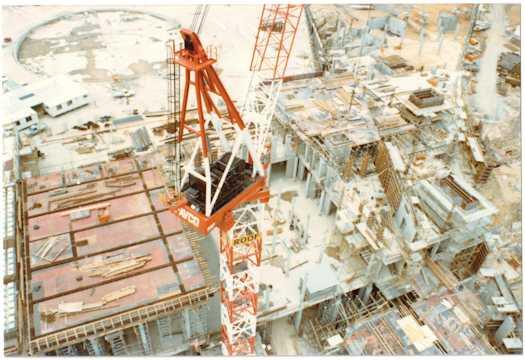 View from a crane over work on the Great Hall and Foyer of Parliament House. Forecourt is at top.