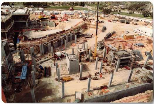 View from a crane over the Ministerial wing looking towards Canberra Avenue. The House of Reps is at left.