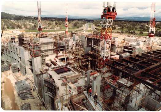 View from a crane over the Ministerial wing looking towards Adelaide Avenue over the Senate buildings which have risen two to three levels.
