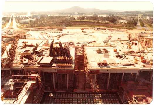 View from above the Great Hall over the Main Foyer to Mt Ainslie