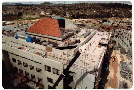 House of Reps chamber almost complete, looking towards Canberra Avenue from a crane