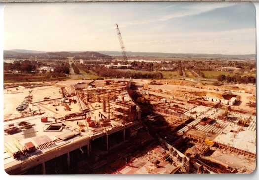 View from a crane over construction work on the Foyer. Kings Avenue and Mt Pleasant are in the distance.