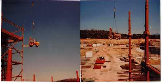 Two photos (joined by tape), each 8.5 x 8.5cm) showing the progress of a crane lifting a tractor