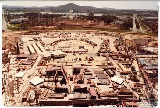 View from the crane down over the Foyer, Forecourt and Federation Mall (under construction) towards Anzac Parade in the distance
