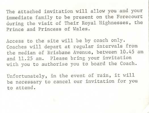 Instructions to invitees for the Royal visit of Prince Charles and Princess Diana