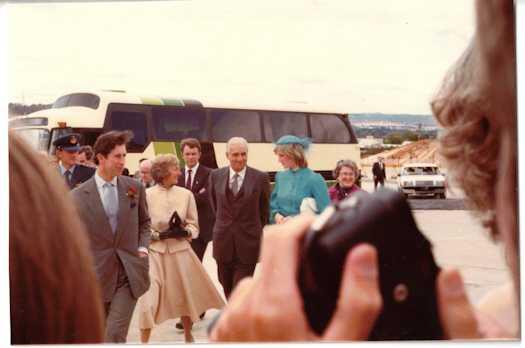 Prince Charles and Princess Diana walking with Sir Bernard Callinan, chairman of the Parliament House Construction Authority
