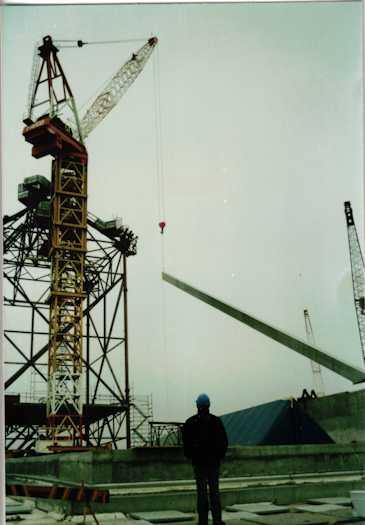 Dogman watches a crane lift flag pole leg