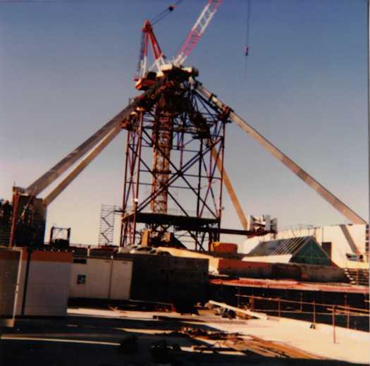 View of the crane and four legs of the flag pole