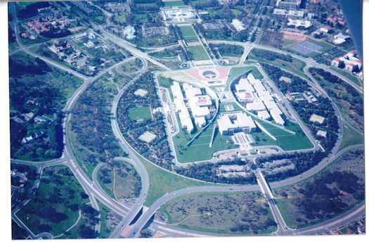 Aerial view of Parliament House, now completed, taken from the south