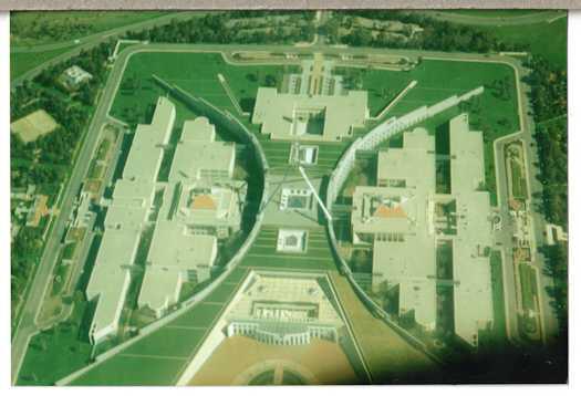 Aerial view of Parliament House, now completed, taken from the north