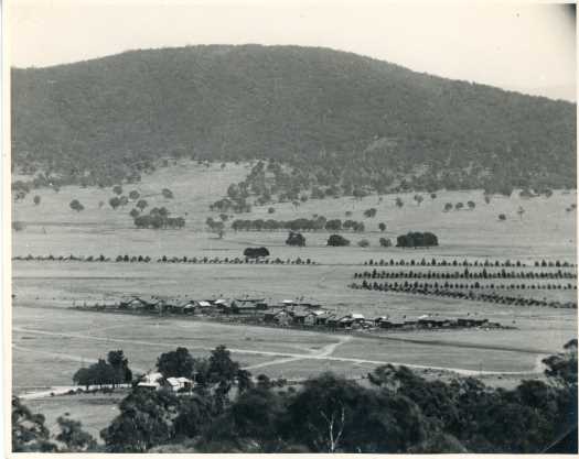 View from foothills of Mt Ainslie to Black Mountain with an isolated group of houses in foreground around mid 1920s.
