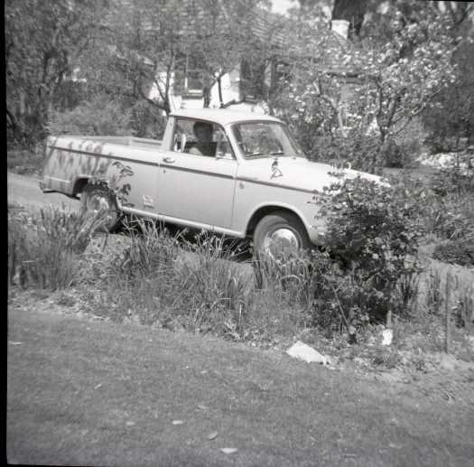 Pat at the wheel of her new Datsun ute, February 1965.