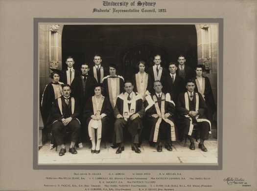 Formal photograph of the University of Sydney SRC members. The names of the members are printed on the frame and include Miss Patience Tillyard.