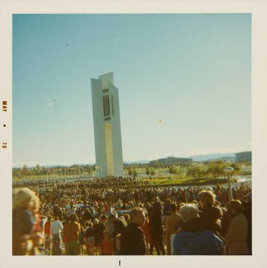 A large crowd gathered on the north edge of Lake Burley Griffin to witness the opening of the Carillon on 26 April 1970.
