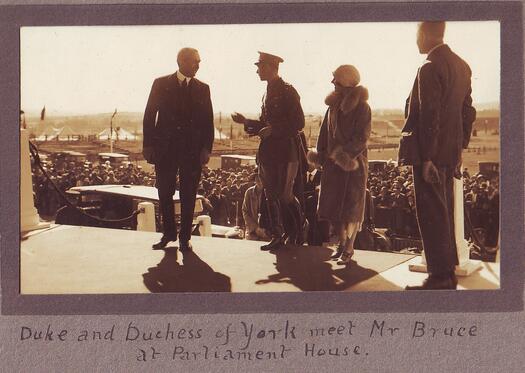 The Duke and Duchess of York on the steps of Parliament House on 9 May 1927 with Prime Minister Stanley Bruce